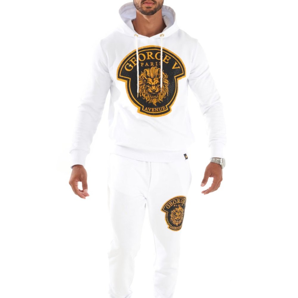 Avenue George V Paris jogging suit Tracksuit Men's White Sweatsuit Hoodie NWT L